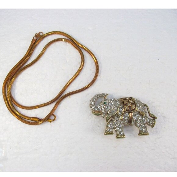 Vintage Rhinestone Good Luck Elephant Combo Brooch Pendant Necklace - Picture 3 of 16